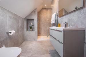 a bathroom with a toilet and a sink and a shower at The Arran, St Andrews in St. Andrews