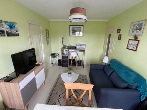 ein Wohnzimmer mit einem blauen Sofa und einem TV in der Unterkunft Appartement Cap Vern Les Bains in Capvern