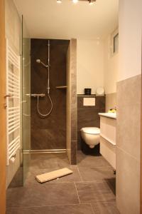 uma casa de banho com um chuveiro, um WC e um lavatório. em Ferienwohnung Bergpanorama WILD600 em Auffach