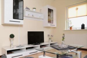 een woonkamer met een tv en een glazen tafel bij Nanninga Ferienwohnung Nanni 
