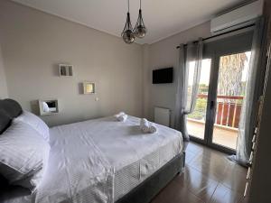 a bedroom with a bed and a large window at EVa's Luxury Apartments No 2 in Áyios Spirídhon