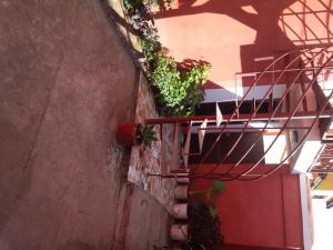 a staircase with a red door and some plants on it at K6 Chambres d'Hôte in Ivato