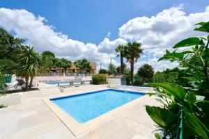 una piscina en un complejo con palmeras en Glamping Dordogne, en Douville