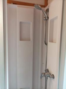 La salle de bains est pourvue d'une douche avec un pommeau de douche. dans l'établissement CAMPING DE LA CHALARONNE, à Saint-Didier-sur-Chalaronne