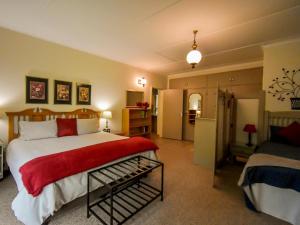 1 dormitorio con 1 cama grande con manta roja en Rooiland Clarens, en Clarens