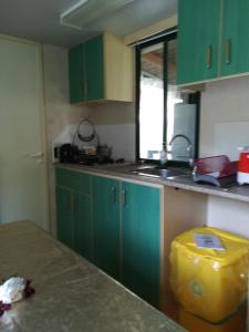 a kitchen with green cabinets and a counter top at 5 Personen Chalet am Luganer See in Porlezza