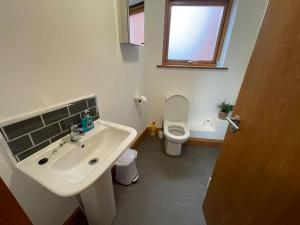 uma casa de banho com um lavatório e um WC em Lovely studio Apartment with balcony em Norwich