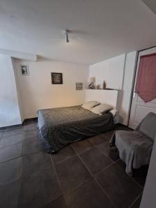 ein Schlafzimmer mit einem Bett und einem Stuhl darin in der Unterkunft Le camélia de la mazarié in Saint-Vincent