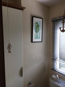a bathroom with a picture on the wall and a toilet at Dymchurch Caravan Park on Romney Marsh in Dymchurch