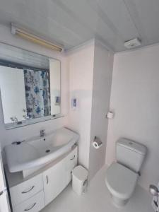 La salle de bains blanche est pourvue de toilettes et d'un lavabo. dans l'établissement NEREUS HOTEL By IMH Europe Travel and Tours, à Paphos