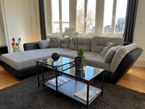 uma sala de estar com um sofá e uma mesa de vidro em Appartement de Prestige au centre avec jardin privé em Colmar