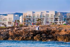 a bride and groom standing on a rocky shoreline near the ocean at Amphora Hotel & Suites in Paphos