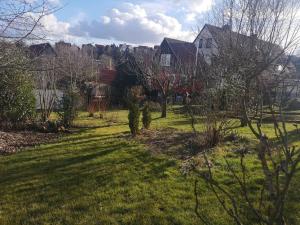 een tuin met groen gras en bomen en huizen bij Ferienhaus für 4 Personen Waldeck Edersee in Waldeck