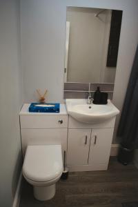 Cosy 2 Bedroom Flat in Sunderland في سندرلاند: حمام به مرحاض أبيض ومغسلة