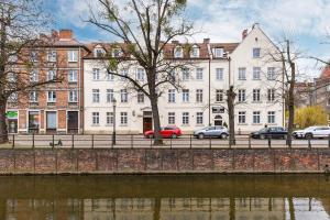 a row of buildings with cars parked in front of a river at Downtown Apartments The Love Bridge - Na Piaskach in Gdańsk