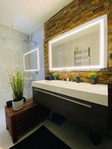 a bathroom with a large sink and a window at Superbe appartement chic et design in Seraing