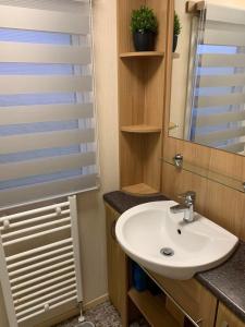La salle de bains est pourvue d'un lavabo et d'un miroir. dans l'établissement B7 Millfields, Ingoldmells - 3 Beds, Ramp Access, Pet Friendly, à Ingoldmells