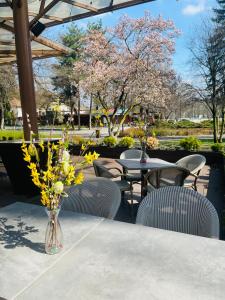 een vaas met bloemen op een tafel met stoelen bij Villa Hotel in Debrecen