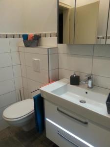a bathroom with a white toilet and a sink at Ferienwohnung Katharina in Bernkastel-Kues +10 photos