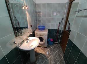 uma casa de banho com um lavatório e uma máquina de lavar roupa em Dona's Studio Apartment em Gjirokastër