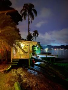 une maison avec des palmiers à côté d'une étendue d'eau dans l'établissement Cabana Do Mar, à Angra dos Reis