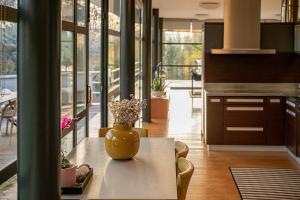 a kitchen with a table with a vase on it at Villa 7 in Perivólia