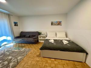 Clara Ljubljana Apartment في ليوبليانا: غرفة نوم صغيرة مع سرير وأريكة