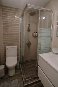 a bathroom with a shower and a toilet and a sink at Luxury apartment, in Heraklion in Heraklio