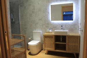een badkamer met een toilet, een wastafel en een spiegel bij CASAS DA FORTALEZA Casa da Solaina in Outeiro de Rei