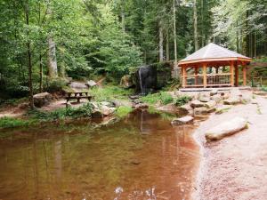 Un cenador de madera junto a un río con un puente. en Paillehouse Vosges, en Denipaire