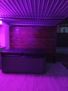 a purple room with a bed and a wooden wall at Loft sauna jacuzzi ospariegeois in Lavelanet