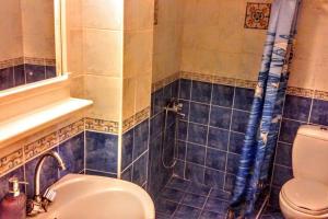 a bathroom with a toilet and a shower at Cozy Maisonette in Moúdhros