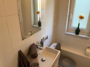 uma casa de banho com um lavatório, um WC e uma janela. em Very cozy apartment, located in the heart of Herentals em Herentals
