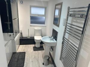a bathroom with a sink and a toilet and a shower at Abacus House in Huntingdon
