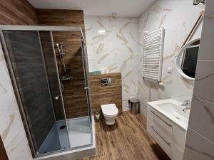 Un baño con ducha, inodoro y lavabo. en Maria, en Rymanów-Zdrój 8 fotos más