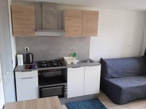 una cucina con piano cottura, lavandino e divano di Petit logement avec entrée indépendante a Vellefrie