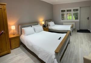 a bedroom with two beds and two lamps in it at Ye Olde Plough House in East Horndon