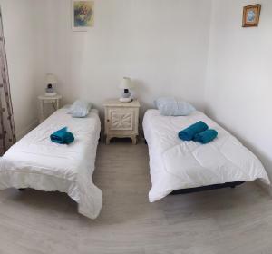 twee bedden in een kamer met blauwe kussens erop bij La Haute Maison - Merrien - GR34 in Moëlan-sur-Mer