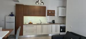 una cucina con armadi bianchi e lavandino di Brand new cozy apartment a Mesaíon Karlovásion