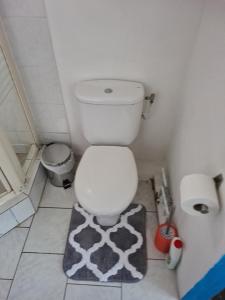 a bathroom with a toilet with a rug on the floor at Résidence JB in Sinnamary