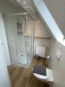 uma casa de banho com uma cabina de duche em vidro e um WC. em Ferienhaus am Seedeich em Emden