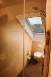 a bathroom with a toilet and a skylight at Hotel Hofwirt Neubeuern in Neubeuern