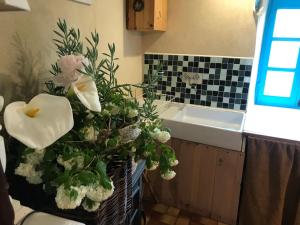 ein Bad mit einem Blumenkorb auf dem WC in der Unterkunft abri du marin in Séné