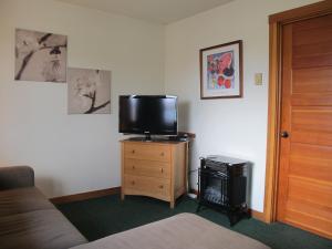 a living room with a tv and a bed at Harrison Street Inn in Cannon Beach
