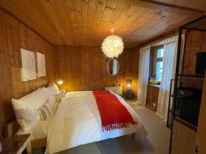 een slaapkamer met een bed en een kroonluchter bij Ferienwohnung Canzlia Veglia in Sedrun