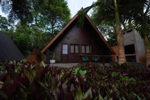 Casa pequeña con techo de paja en Palma Real Bungalow en Puerto Iguazú