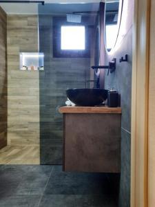 uma casa de banho com um lavatório e uma cabina de duche em vidro. em Seaside Deluxe Apartment em Skala Kallirachis