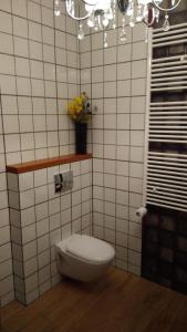 een badkamer met een toilet in een witte betegelde muur bij Cztery Pory Lasu 