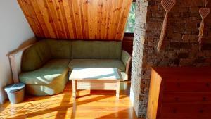 een woonkamer met een groene bank en een tafel bij Cztery Pory Lasu 