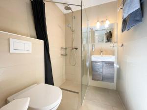 een badkamer met douche, toilet en wastafel bij Apartment Sonnenschein - B 110 by Interhome in Dittishausen